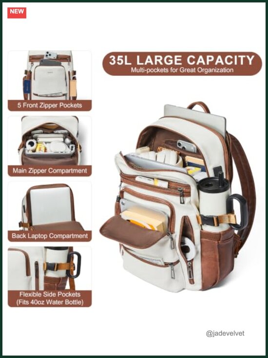 Faux Leather Laptop Backpack with USB Charging Port, 35L Travel Work Backpack main image 5